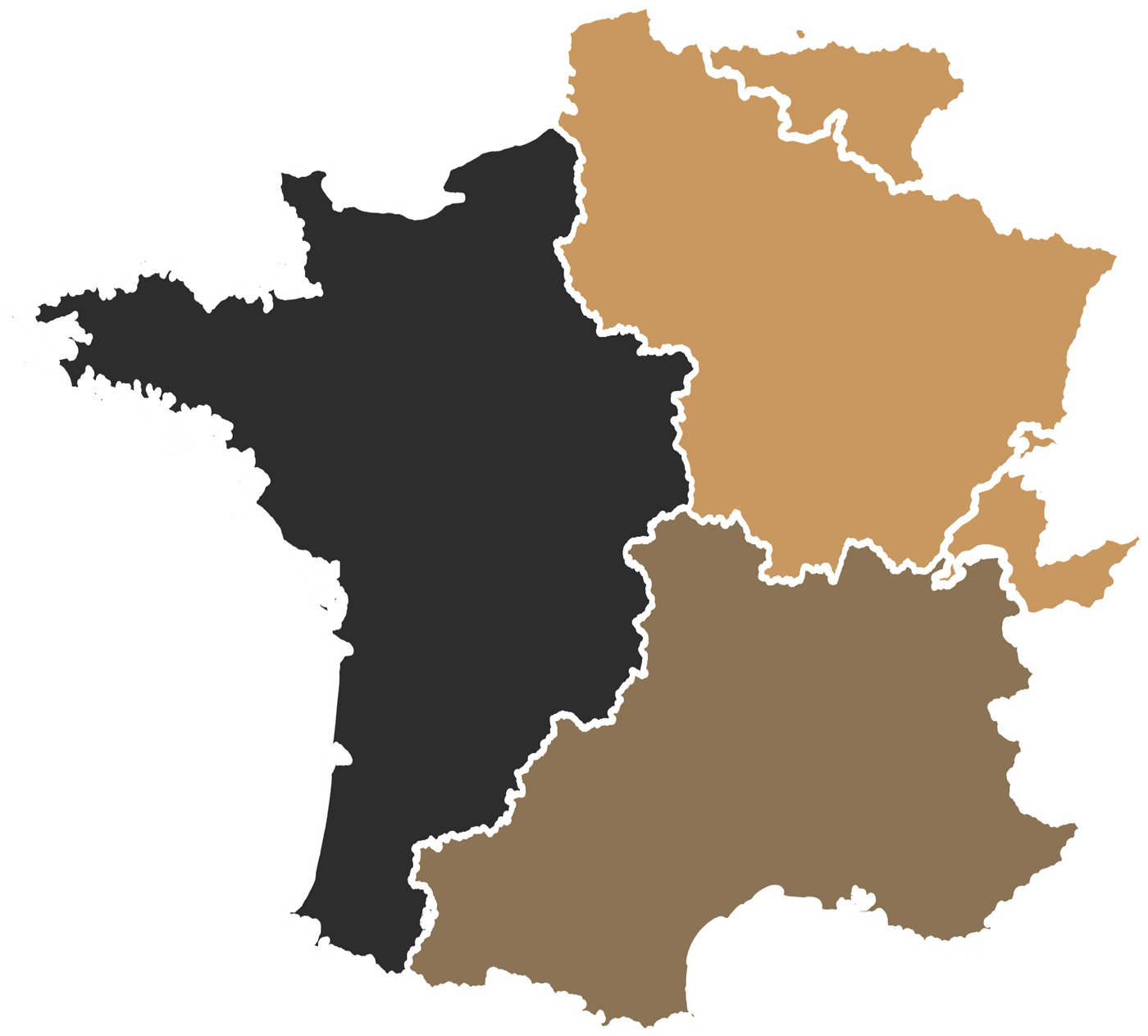 Carte de France des secteurs : Vincent à l'Ouest, Julien au Nord-Est, Jean-Charles au Sud